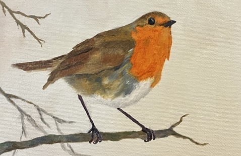Painting of a robin on a tiny limb by Louise Kidney
