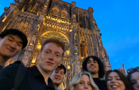 Students in front of cathedral in Strasbourg, France