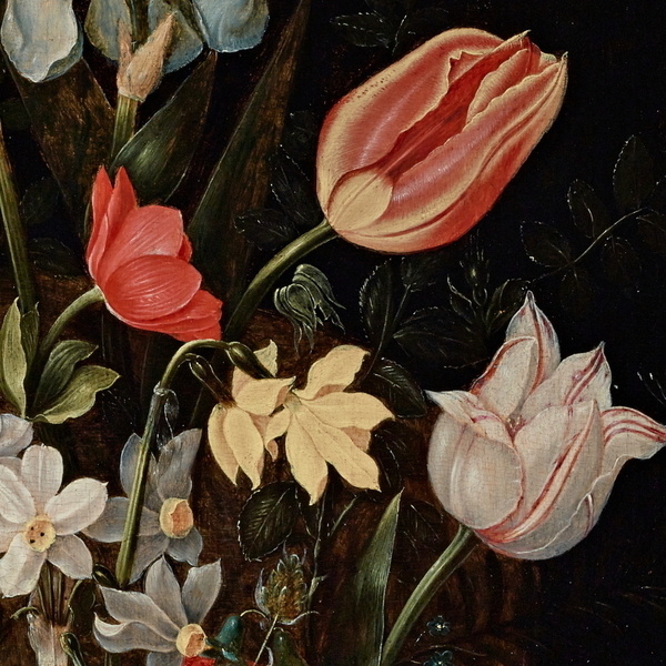 Image: Ambrosius Bosschaert the elder (Dutch, 1573–1621). Detail from Flowers in a Glass Vase, c. 1615. Oil on panel, 21 1/4 x 15 1/2 in. (53.98 x 39.37 cm). Committee for Art Acquisitions Fund. 1983.279.
