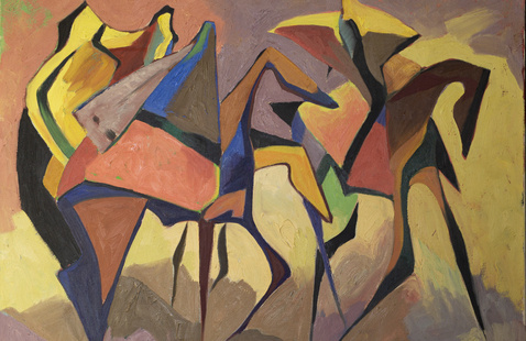 An abstract colorful painting of horses