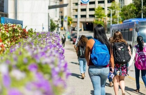 Students on campus in Spring