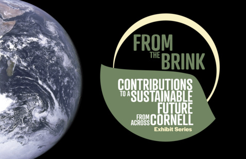 Photograph of the planet earth from space next to the graphic for the "From the Brink" exhibit series which features a stylized sunrise behind a cliff. 