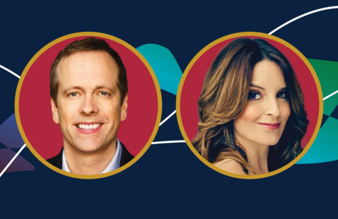 Headshots of Robert Carlock and Tina Fey on a dark blue background.