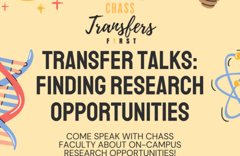 A yellow flyer with a cartoon image of a strand of DNA on the left side and a cartoon image of an atom on the right side. The CHASS Transfers F1RST logo is at the top middle of the flyer. The flyer says "Transfer Talks: Finding Research Opportunities. Come speak with CHASS faculty about on-campus research opportunities!"