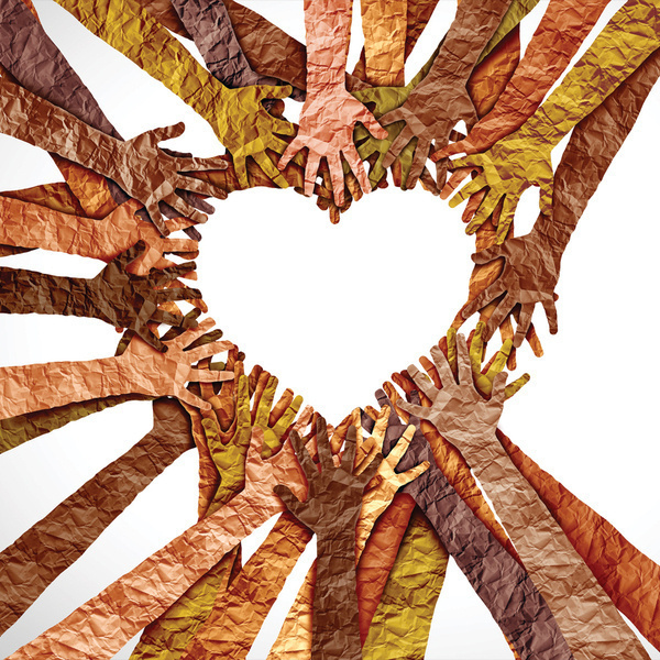 hands colored various shades forming a heart in the center