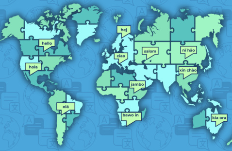 A world map, made of jigsaw puzzle pieces