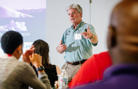 Dr. James "Jim" McClintock, PhD (Endowed University Professor of Polar and Marine Biology) is speaking about the ecological basics of Antarctica to a group of teachers across Alabama who are meeting at the McWane Science Center, learning creative ways to incorporate climate change into their curriculum on July 3, 2019.