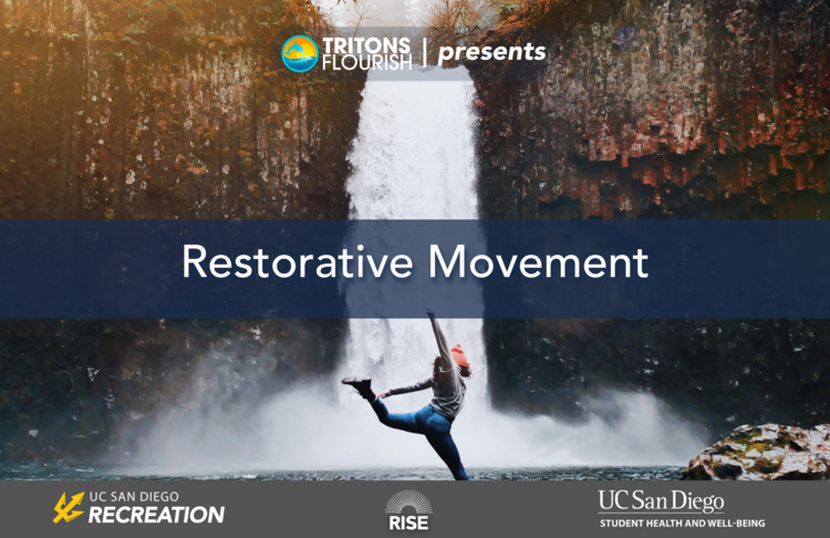 Person dancing in front of a waterfall with text ‘Restorative Movement.