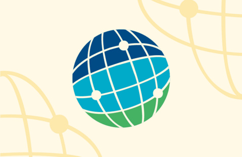 3-d globe in blues and green with nodes and graph