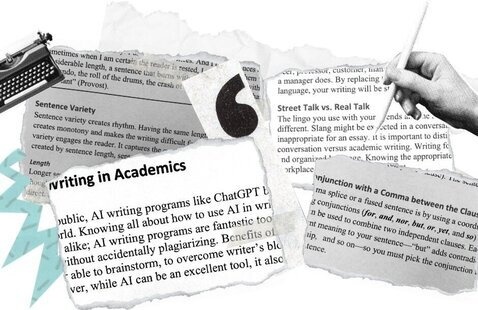 Writing-related articles and graphics overlaying each other on a white background