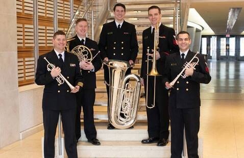 U.S. Navy Band Brass Quintet poses with instruments