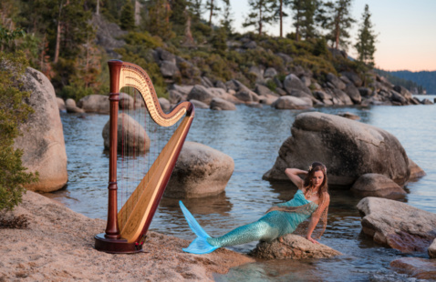 A large harp on a beach with a mermaid next to it
