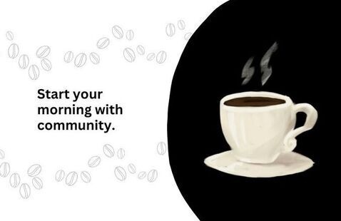 photo of a cup of coffee with coffee beans around it. 