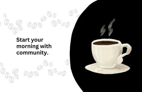 photo of a cup of coffee with coffee beans around it. 