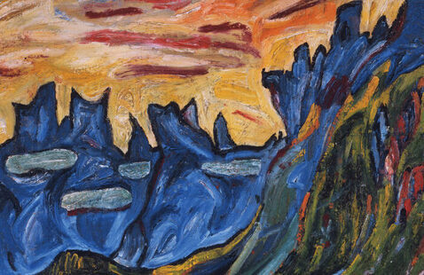 A detail of the oil painting "High Peaks" by William H. Johnson
