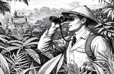 Man in jungle wearing a safari hat and looking through binoculars 
