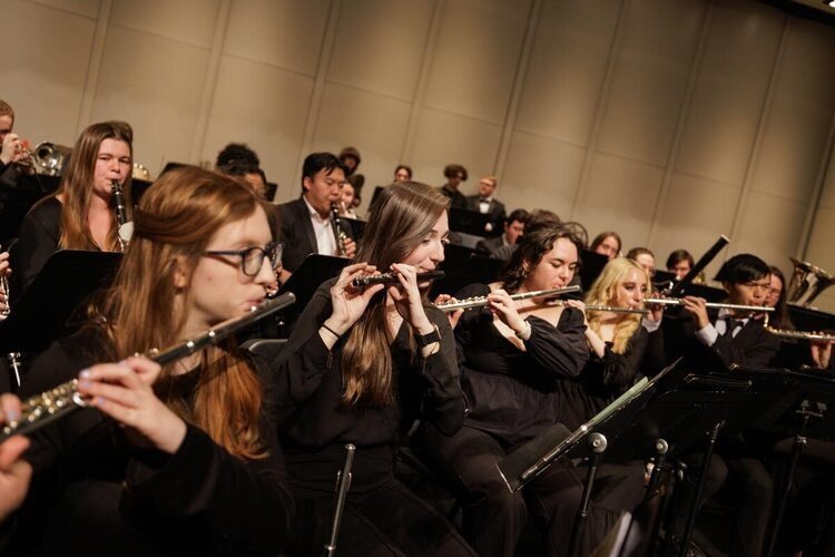 Wind Ensemble plays on stage during concert performance