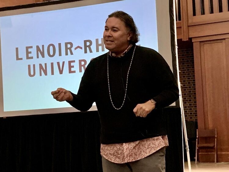 Vance Blackfox talks to audience during event at Lenoir-Rhyne