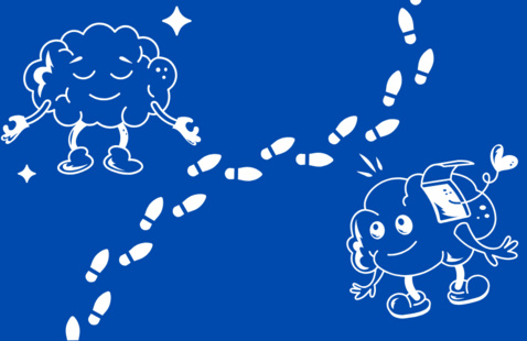 Two happy brains with footprints, indicating walking the Mindful Mile