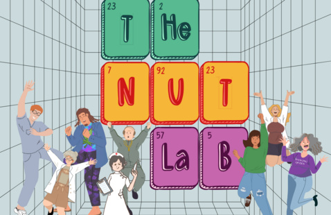 cartoon people dancing in a lab with the title of show spelled out in periodic table element letters