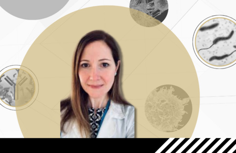 Banner with white background, black and white circular photos of immune and micro organisms, centered in front is a photo of Ottavia Delmonte, MD, PhD