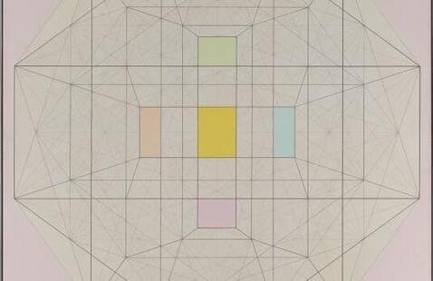 A geometric artwork features a grid of fine intersecting lines intersecting within a pastel-colored hexagonal shape; an arrangement of colored rectangles is in the center.