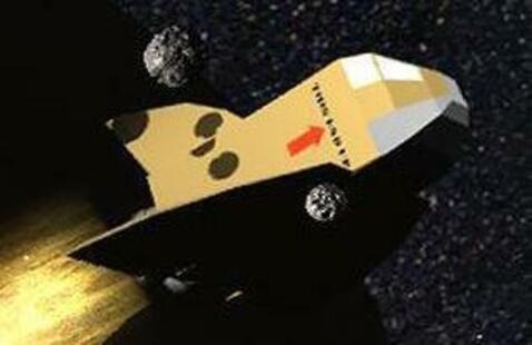 cardboard rocket flying through space