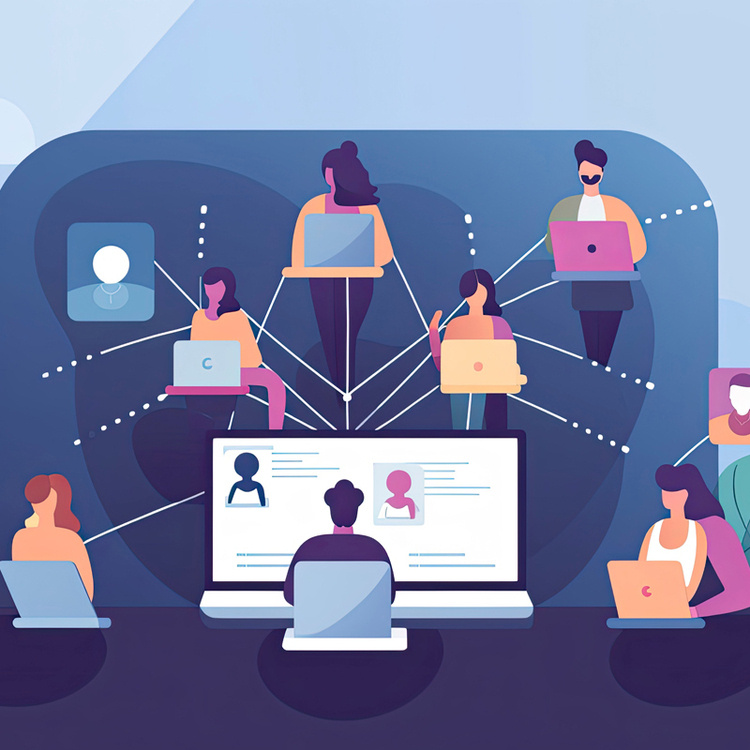 Graphic of individuals on desktops and laptops.