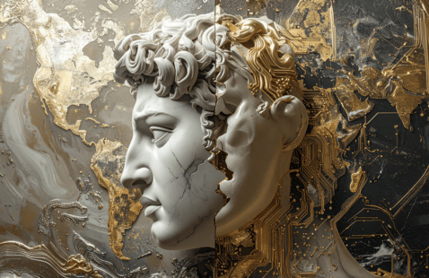 A marble statue head split in half, with one side classical and the other side featuring gold circuitry, set against a world map background with gold and dark marble textures.