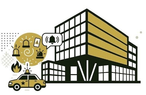 Campus building with safety features and a police car in the foreground