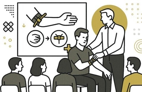 instructor teaching class. instructor putting a tourniquet on an attendee