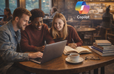 AI-generated image of four people gathered around a table with the Copilot logo hovering above.