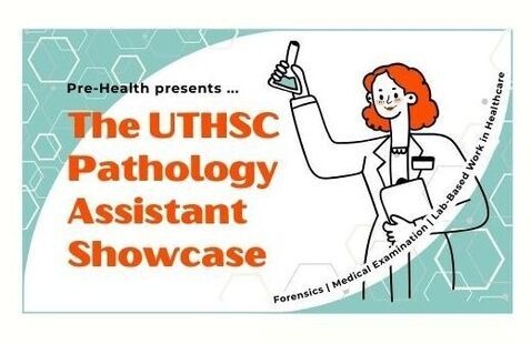 Graphic with event title and cartoon woman in lab coat holding a chemistry beaker