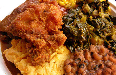 fried chicken, black eyes peas, collard greens, macaroni and cheese