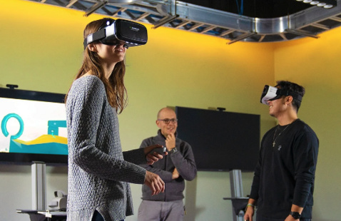 students wearing virtual reality goggles