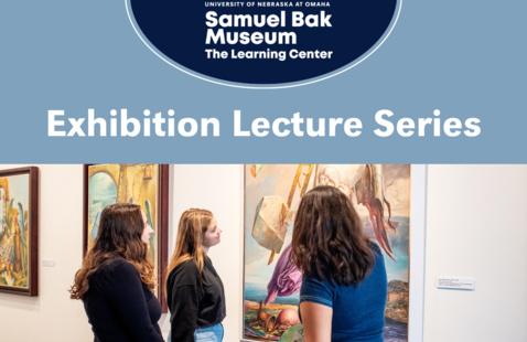 SBMLC Exhibition Lecture Series graphic. Top centered circle on a blue background, SBMLC logo. The bottom half of the graphic has a three college students looking at a Samuel Bak painting.