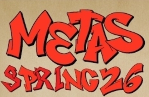 Graffiti style red and black text stating METAS Spring 26 Thursdays 3-4pm