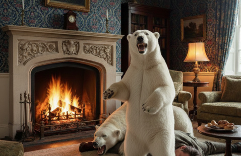 A photo of a polar bear in a cozy living room with William Morris wallpaper and a roaring fireplace, and a man lies dead on the rug