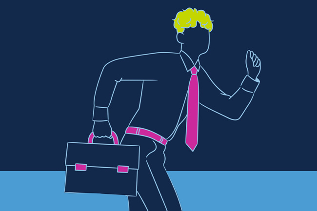An illustration of a running person wearing a tie and holding a briefcase.