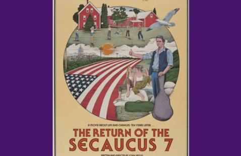 Movie poster for "The Return of the Secaucus 7" showing a hitch hiker with a guitar and scenes of American farms and an American flag.