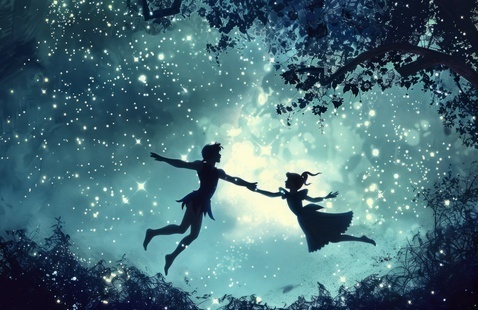 Peter Pan and Wendy flying in the sky