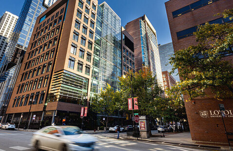 Pearson and Chicago intersection of the Water Tower campus showing the Schreiber Center and other adjacent buildings