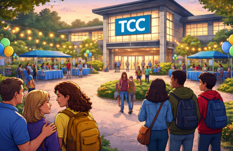 Drawing of an exterior view of the TCC building during an evening event, featuring people socializing and walking around stalls illuminated by string lights.