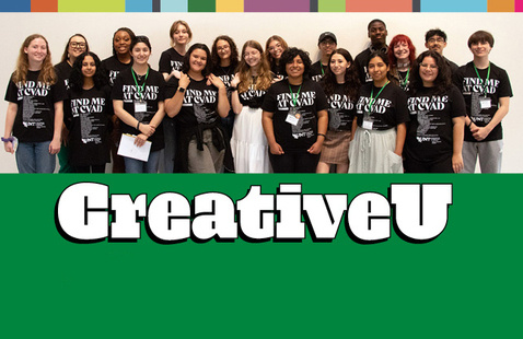 Group of students wearing black T-shirts, CreativeU is in decorative type.