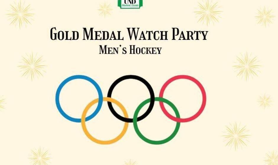 Olympic rings with text: Gold Medal Watch Party, men's hockey