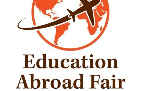 orange earth with a plane stating education abroad fair