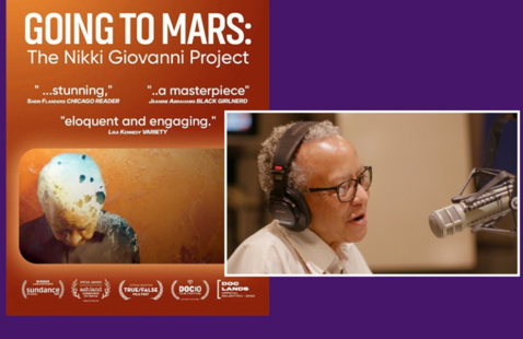 Going to Mars movie poster and an undated photo of Nikki Giovanni speaking into a microphone