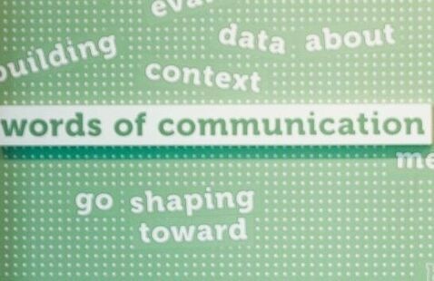 Close up picture of the "Words of Communication" magnetic word wall in the Hub of the Department of Communication. Green background, white dots, and various magnetic words to move around and make new sentences.