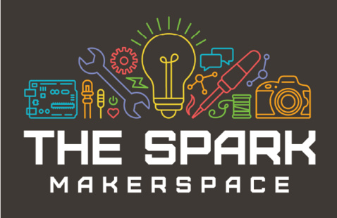The Spark Makerspace text, above which is a number of tools, and machine parts.
