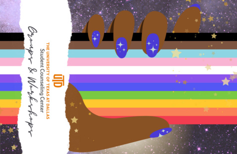 a brown hand grasping a pride-flag colored beam against a starry background